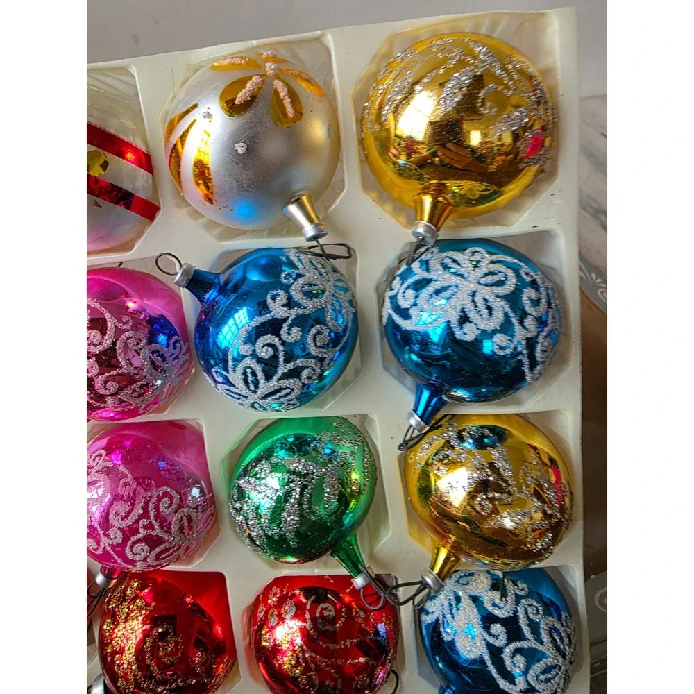 Vintage Columbia mini Mica glitter ball ornament set pink blue green red gold